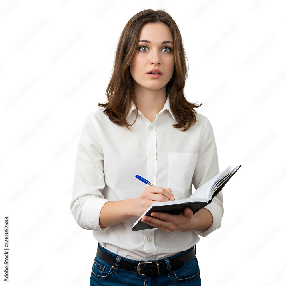 Surprised young woman with notebook and pen on transparent background. PNG Surprised young woman with notebook and pen on transparent background. PNG