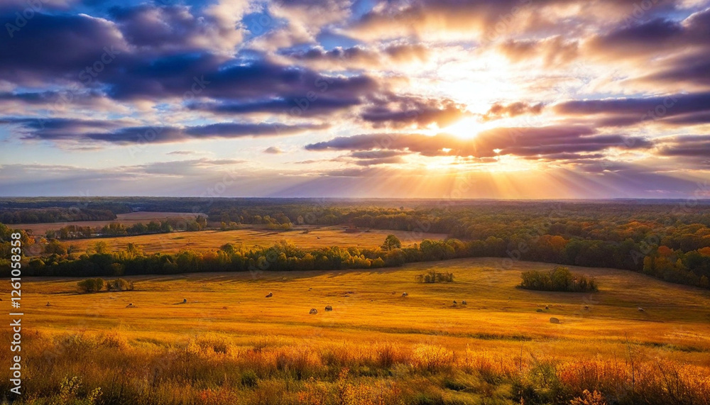 Create an oil painting of a sunset over an autumn field, with deep shadows and bright colors. Create an oil painting of a sunset over an autumn field, with deep shadows and bright colors.
