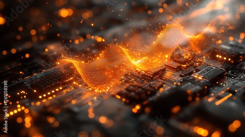 Close-up of glowing orange fiber optic cables connected to a server, A close up of an open server rack with wires