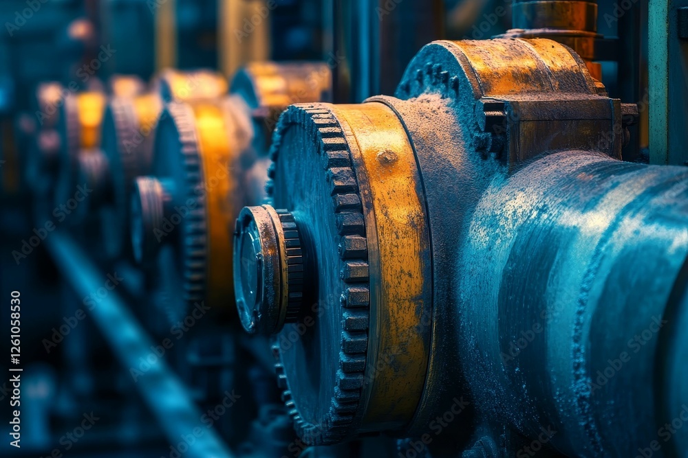 Obraz premium Industrial gears, metallic blue, orange, close-up detail.