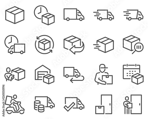 imple Set of Truck Delivery Related Vector Line Icons. Contains such Icons as Door to Door Delivery, Express Shipping, Supply and more.