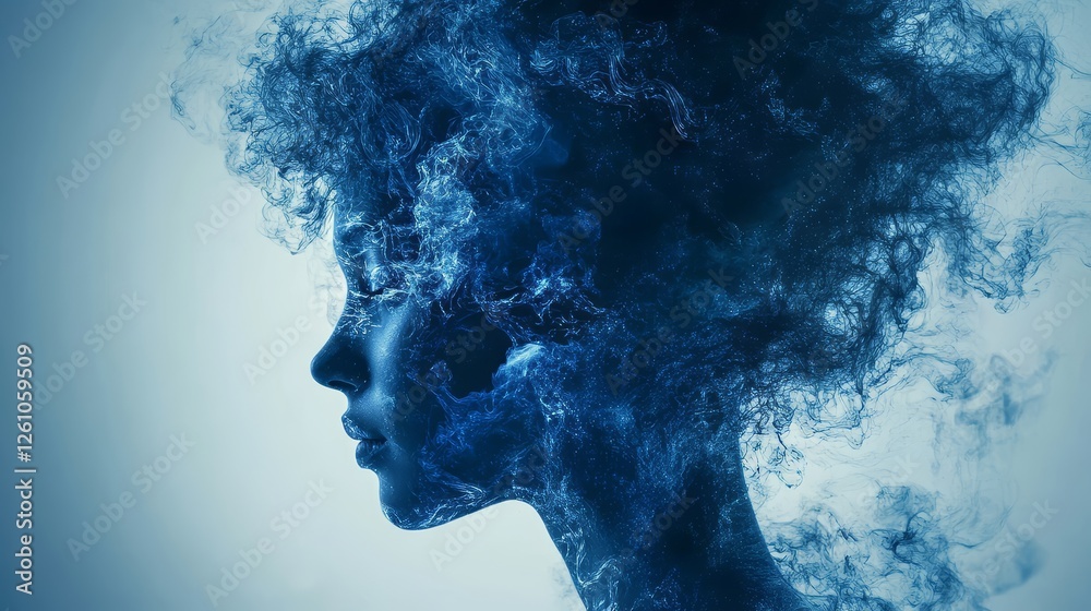 Ethereal Aura, Serene profile portrait dissolving into abstract blue smoke