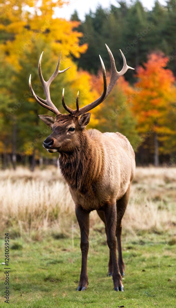 Design a majestic elk standing proudly in a forest clearing, with rich autumn colors framing the scene. Design a majestic elk standing proudly in a forest clearing, with rich autumn colors framing the scene.