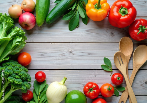 organic veggies utensils wooden background create clean natural look vegan cooking healthy