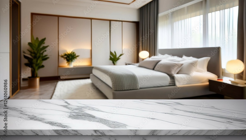 Fototapeta premium marble table top with white bed in bedroom loose focal background close up photo of contemporary interior modern living space generative ai