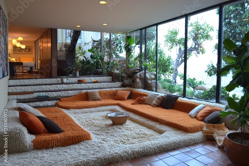 Unique sunken seating conversation pit design in modern home cozy living room indoor decor relaxing atmosphere photo