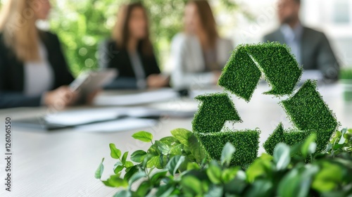 Sustainable Business, Green Recycling Symbol at Corporate Meeting Environment