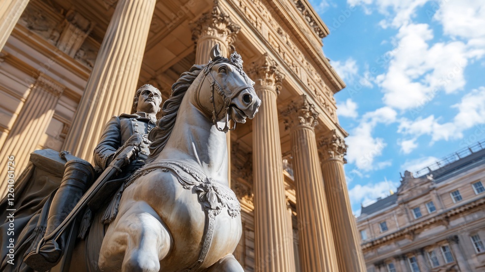 Obraz premium Equestrian statue, city hall, sunny day, classical architecture