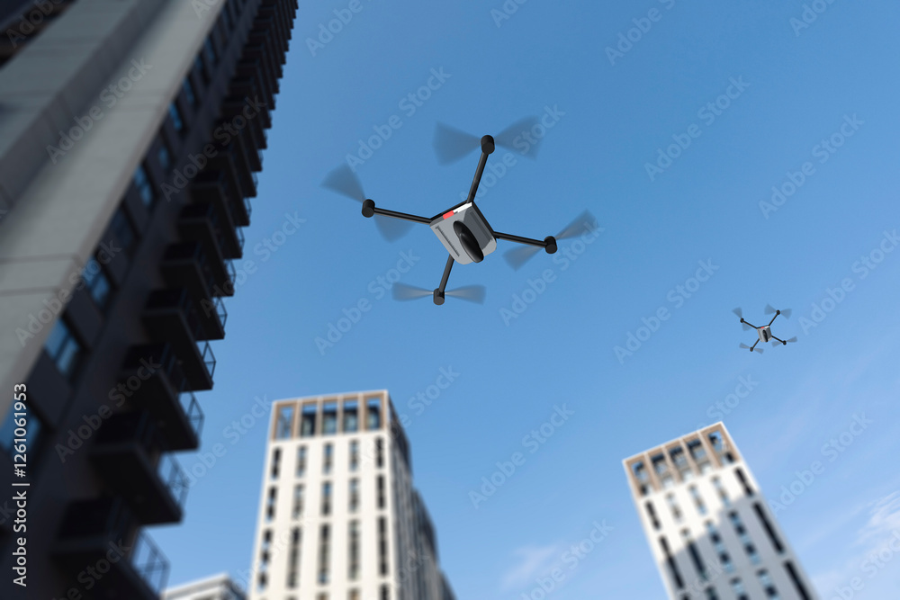 Drones flying over modern buildings in a city under clear blue sky Drones flying over modern buildings in a city under clear blue sky