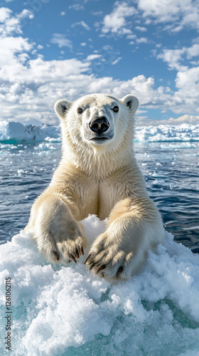 Alone polar bear is sitting in water with snow of on the melting glacier background and looking at the camera. Wildlife nature. Climate change.