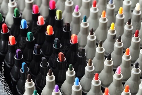 Schilderij op canvas Many colorful markers in bag, closeup. Art supplies