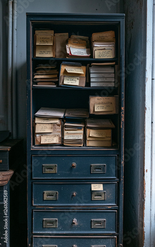 Old Metal File Cabinet Filled with Worn Folders and Documents in a Dimly Lit Office, Representing Archives, Records, and Organization