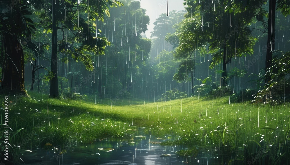 Fototapeta premium Rainy forest clearing with verdant landscape and lush greenery, ideal for nature themes and tranquil design with copy space