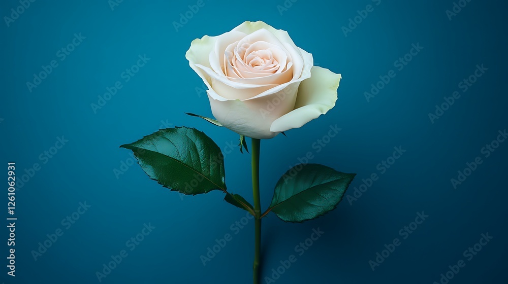 Fototapeta premium Single cream rose, teal background, floral elegance, romantic greeting card