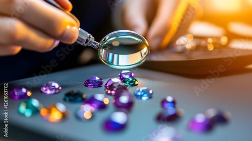 Close-up of a person examining colorful gemstones with a magnifying glass in a well-lit workspace