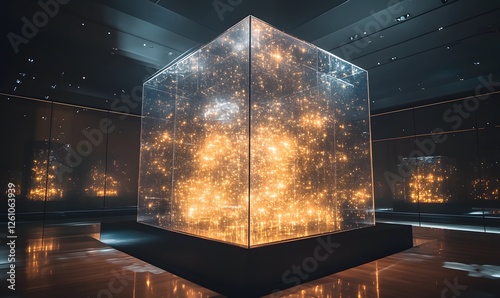 A luminous, transparent cube filled with bright, golden lights stands in a dark room with reflective floor