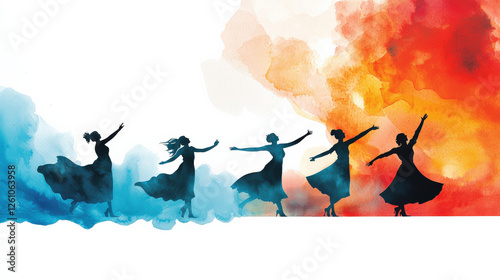 Dramatic watercolor artwork featuring silhouettes of dancing women against vibrant background of blue and orange hues, conveying movement and joy