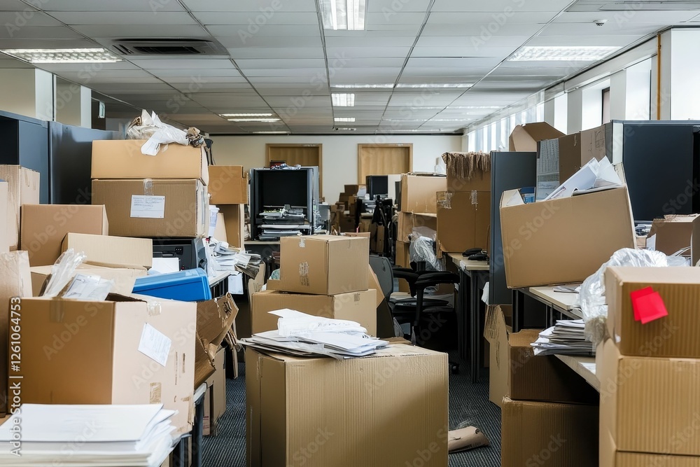 Office relocation, cardboard boxes overflowing, chaotic move Office relocation, cardboard boxes overflowing, chaotic move