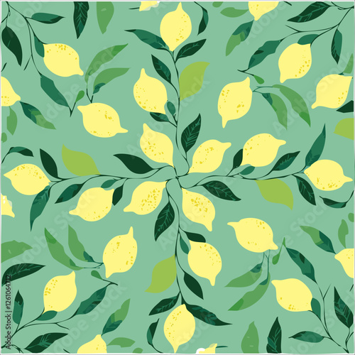Botanic seamless pattern with yellow lemons and lemon slices. Hand drawn lemons pattern on white background. Fruit repeated background. Vector bright print for fabric, wallpaper, design, party paper.