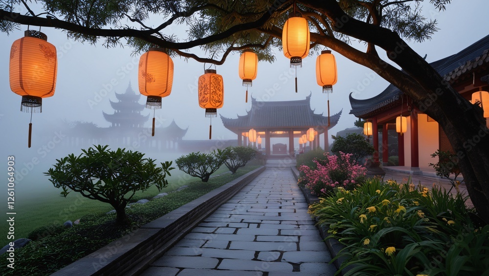 chinese temple in the morning , AI Generated.