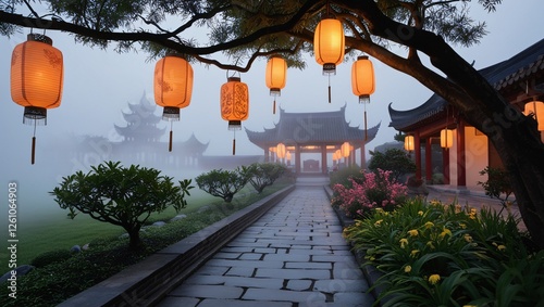 Obraz na płótnie chinese temple in the morning , AI Generated. w salonie