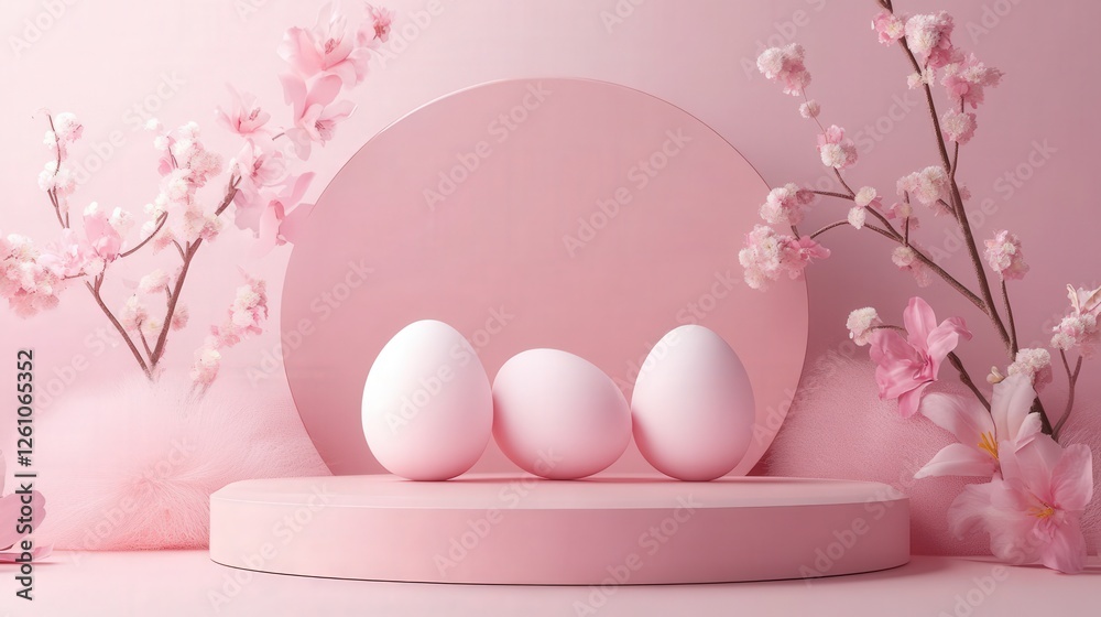 Fototapeta premium Pink Easter Eggs Displayed on Pastel Platform with Flowers