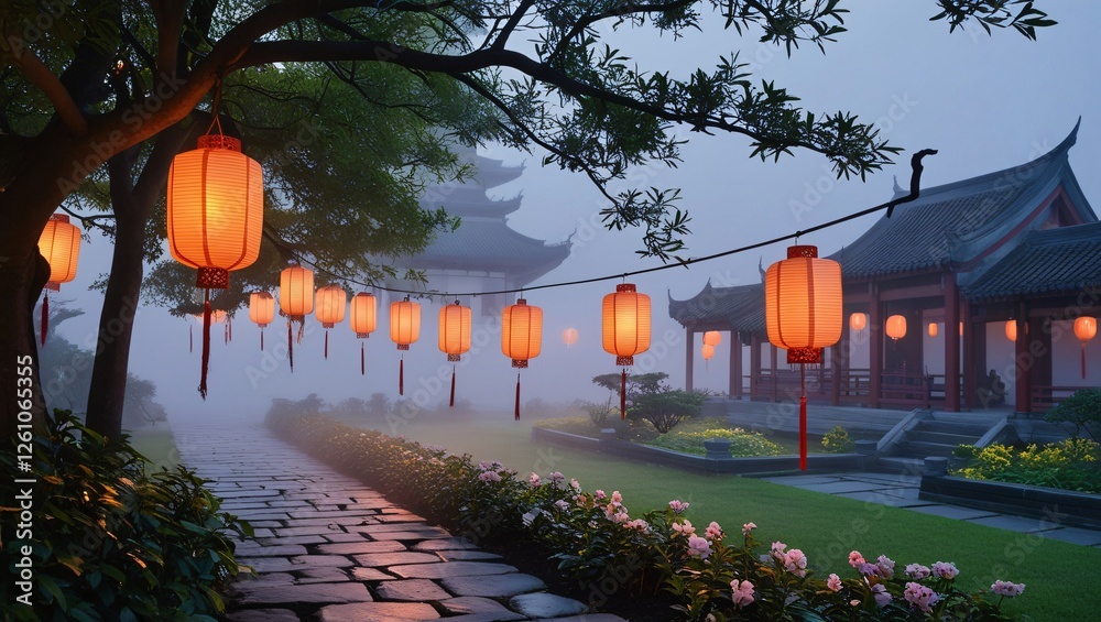 chinese lanterns at night , AI Generated.