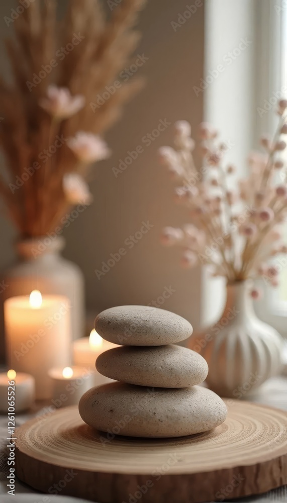 Stack of spa stones on wooden stand, burning candles and flowers on background Stack of spa stones on wooden stand, burning candles and flowers on background