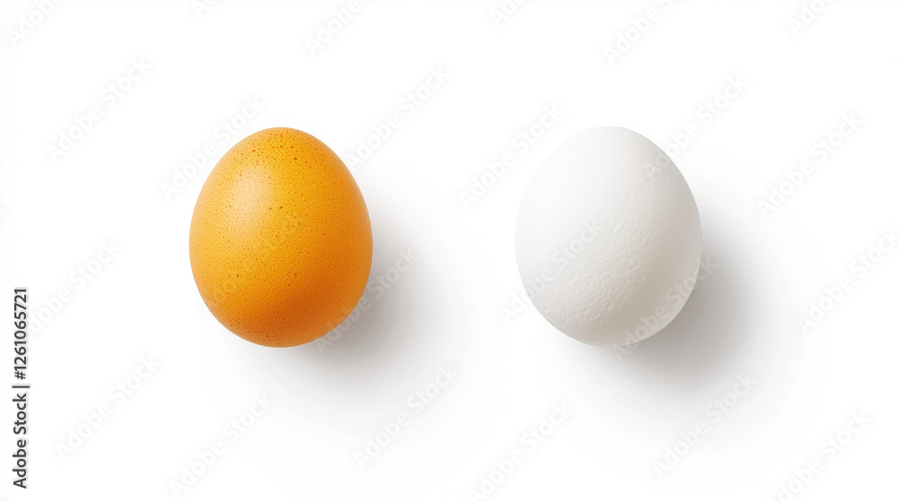 Brown and White Chicken Eggs Side by Side on White Background, Organic Food Concept Close-Up Brown and White Chicken Eggs Side by Side on White Background, Organic Food Concept Close-Up