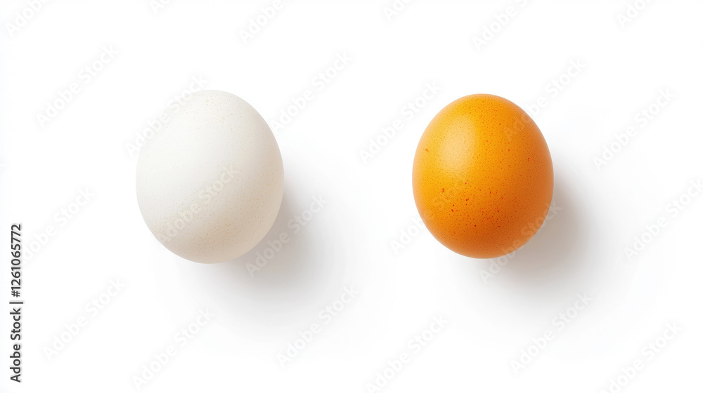 Brown and White Chicken Eggs Side by Side on White Background, Organic Food Concept Close-Up Brown and White Chicken Eggs Side by Side on White Background, Organic Food Concept Close-Up