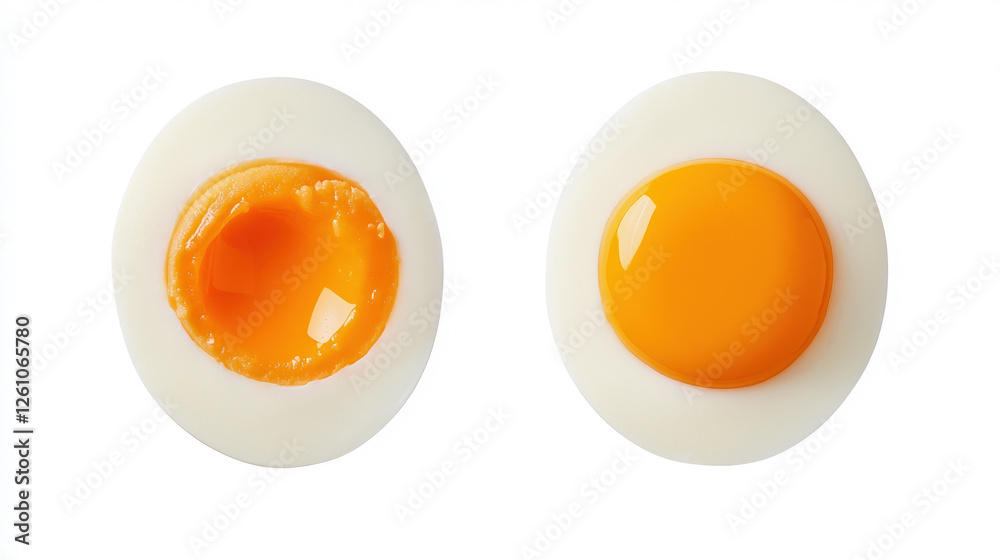 Boiled Eggs Cut in Half with Soft and Hard Yolks Isolated on White Background Close-Up Boiled Eggs Cut in Half with Soft and Hard Yolks Isolated on White Background Close-Up
