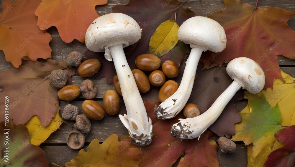 Φωτογραφία Design an artwork of mushrooms with unique patterns and colors, interspersed with fallen autumn leaves and acorns