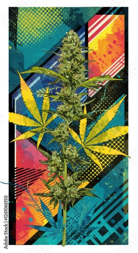 Vibrant cannabis art with colorful geometric background photo
