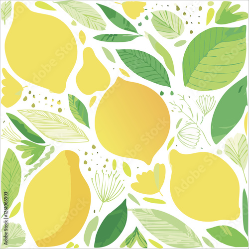 Botanic seamless pattern with yellow lemons and lemon slices. Hand drawn lemons pattern on white background. Fruit repeated background. Vector bright print for fabric, wallpaper, design, party paper.