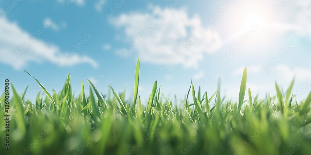 Obraz premium Sunny day, green grass closeup, blue sky, clouds. Nature background