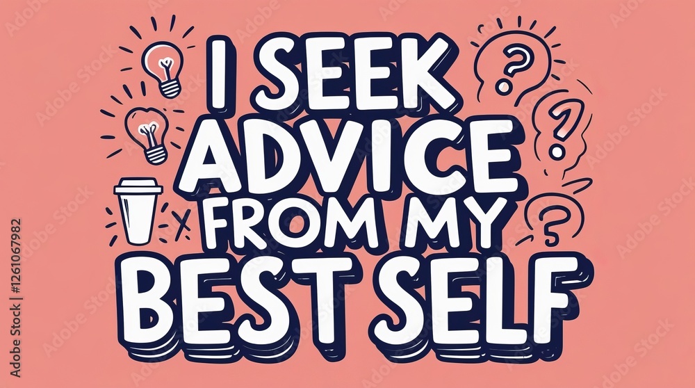 Minimalist graphic: 'I Seek Advice From My Best Self' in bold hand-lettering. Playful doodles: light bulbs, coffee cups, question marks. Coral background, white and navy accents, uplifting vibe. Minimalist graphic: 'I Seek Advice From My Best Self' in bold hand-lettering. Playful doodles: light bulbs, coffee cups, question marks. Coral background, white and navy accents, uplifting vibe.