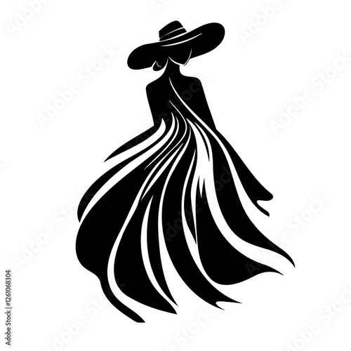 Elegant woman in a flowing dress and hat silhouette