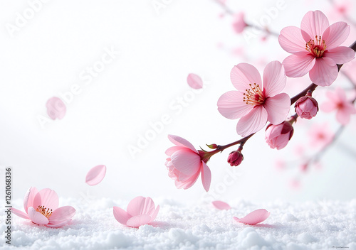 soft pink petals float gently snowy white background serene floral illustration cherry blossoms