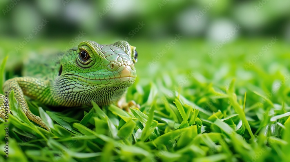 Green lizard on grass, garden background, nature closeup Green lizard on grass, garden background, nature closeup