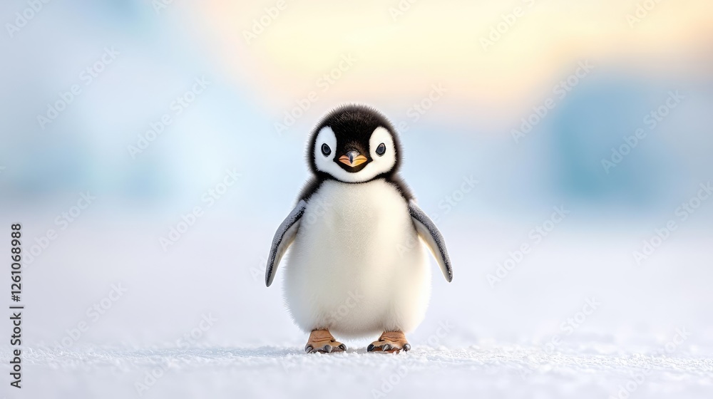 Obraz premium Cute penguin chick on snow, Antarctic scene, adorable wildlife
