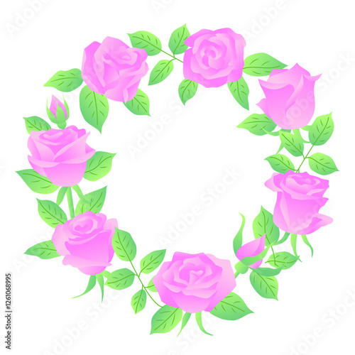 Round frame of pink roses. Vector color isolated illustration in flat style with gradient