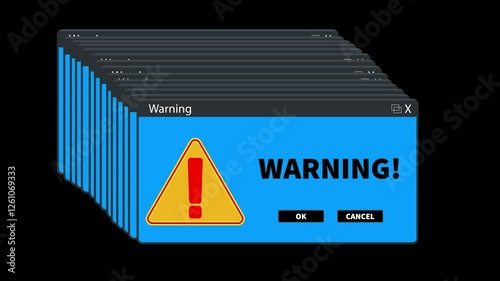 Computer warning dialog box animation for system alerts error messages cybersecurity notifications and user interface pop-up effects.