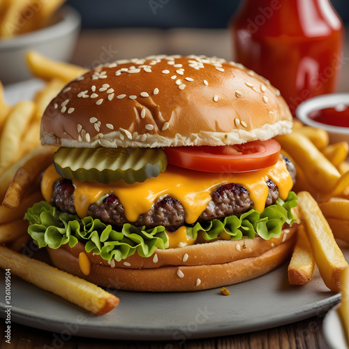 This classic cheeseburger is the epitome of indulgence, perfectly capturing the essence of a delicious fast-food meal.  photo