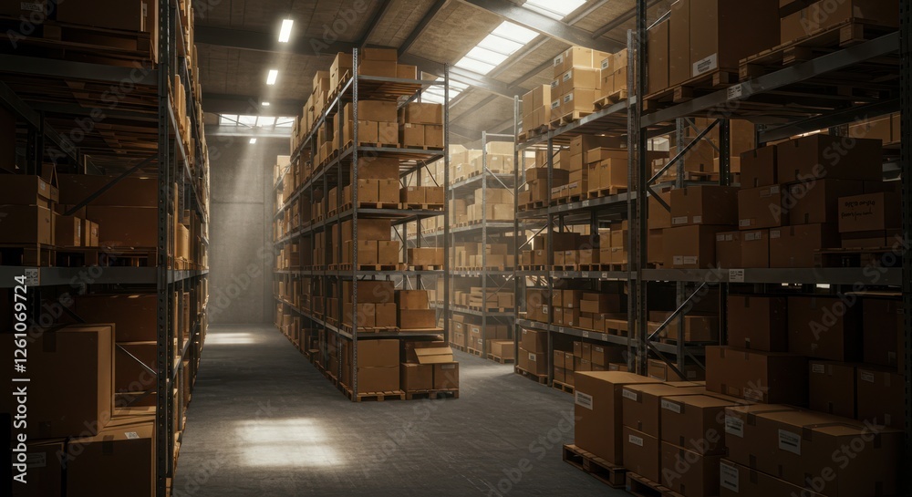 Modern warehouse interior with stacked cardboard boxes on metal shelving racks Modern warehouse interior with stacked cardboard boxes on metal shelving racks