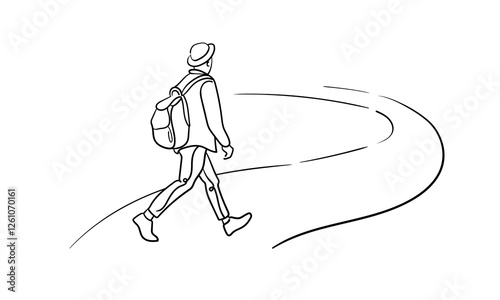 Male person go far away walk alone outdoor life, continuous line art drawing isolated on white background. Loneliness while walking. Vector illustration