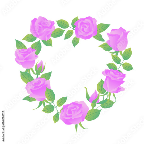 Heart shaped wreath of purple roses. Vector color isolated illustration in flat style with gradient 