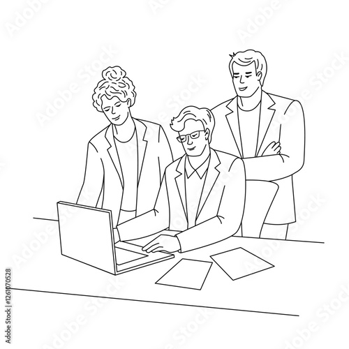 Businessman in glasses is working at a laptop. Businessman and woman are standing and looking at the laptop. Vector illustration in line art style