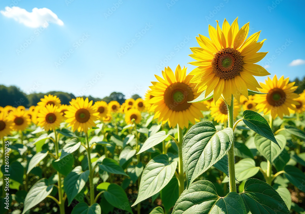 sunflower fields offer vibrant colors clear blue sky lush green plants serene garden setting sunflower fields offer vibrant colors clear blue sky lush green plants serene garden setting