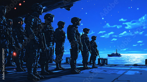 Group of Soldiers in Tactical Gear Standing in Formation Under a Moonlit Sky, Representing Military Readiness, Discipline, and Night Operations photo