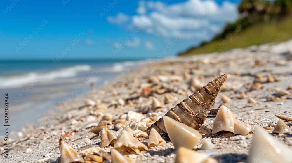 Seashells on sunny beach, ocean background, summer vacation Seashells on sunny beach, ocean background, summer vacation